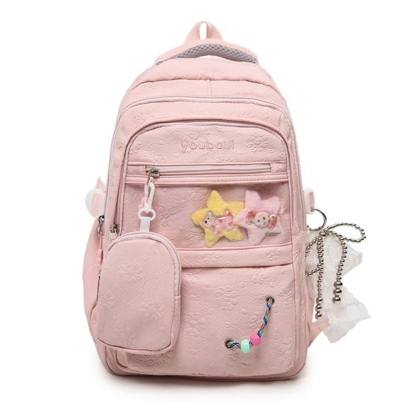 Foral School Backpack, Multi-layer Backpack with Star Pendant&Mini Pendant Bag, Lightweight Loptop Backpack for Middle School College, Pink