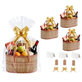 Forautely 3-Pack Foldable Bamboo Gift Baskets with Handles – DIY Kit Includes Cellophane Bags, Ribbons, Cards, Tags for Baby Shower, Wedding, Easter, Christmas
