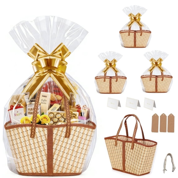 Forautely 3-Pack Large Foldable Bamboo Gift Baskets with Handles – Extra Big DIY Woven Set with Cellophane Bags, Bows, Cards for Mother's Day, Wedding, Easter, Birthday, Christmas