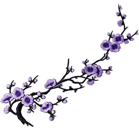 Forautely 4 Pcs Vintage Plum Blossom Iron on Patches, Embroidery Flower Vines Sew On Appliques for Wedding Dress Repair DIY Craft,Black-Branch Purple