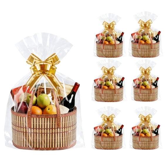 Forautely 6-Pack Foldable Bamboo Gift Baskets with Handles – DIY Kit Includes Cellophane Bags, Ribbons, Cards, Tags for Baby Shower, Wedding, Easter, Christmas