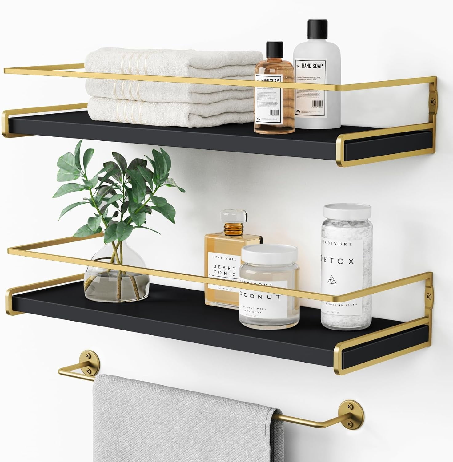 Forbena Black and Gold Floating Shelves for Wall, Bathroom Wall Shelves ...