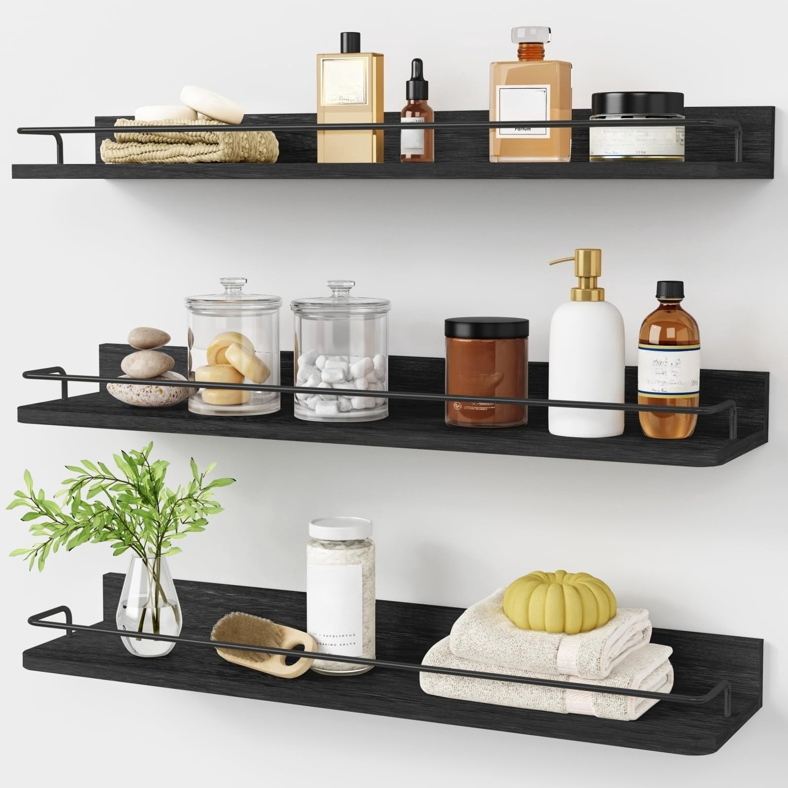 Forbena Gold Floating Shelves for Wall Decor Set of 3, Bathroom Shelves Over Toilet, Modern Display Wall Shelf with Guard Rail for Living Room Bedroom Organizers and Storage - White and Gold