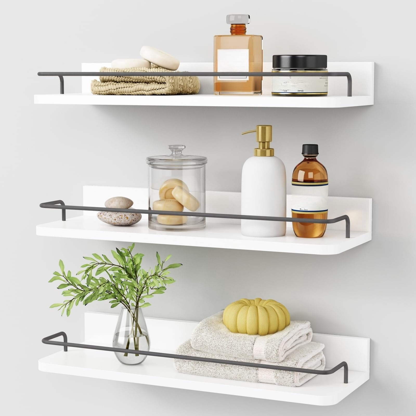 Forbena Gold Floating Shelves for Wall Decor Set of 3, Bathroom Shelves Over Toilet, Modern Display Wall Shelf with Guard Rail for Living Room Bedroom Organizers and Storage - White and Gold