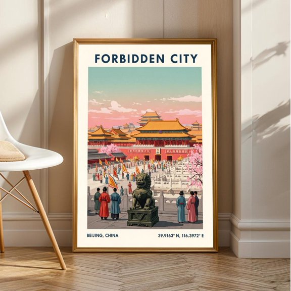 Forbidden City Art Print Pink & Gold Chinese Architecture