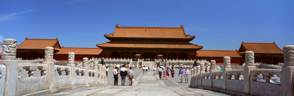 The Forbidden City - Tai he men (Gate of Supreme Harmony) from canal bridge in Beijing in Hebei Province Peoples Republic of China Canvas Art - Panoramic Images (36 x 12)