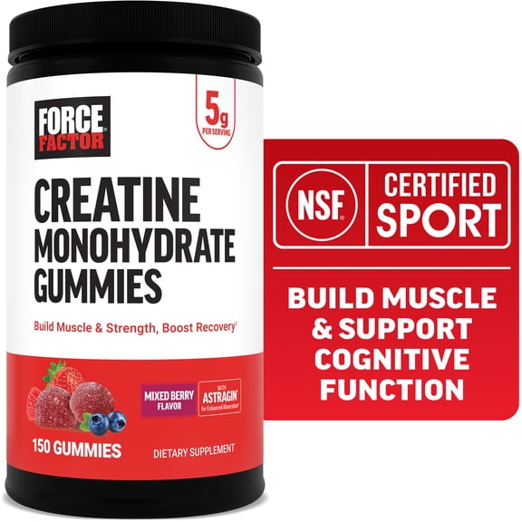 Force Factor Creatine Monohydrate Gummies, NSF Certified, 5g Dose for Men & Women to Support Muscle, Strength, Recovery, Cognitive Health & Memory, Packaging May Vary, Mixed Berry, 150 Gummies