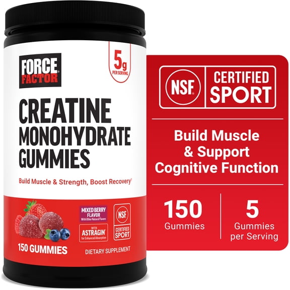 Force Factor Creatine Monohydrate Gummies, NSF Certified, 5g Dose for Men & Women to Support Muscle, Strength, Recovery, Cognitive Health & Memory, Packaging May Vary, Mixed Berry, 150 Gummies