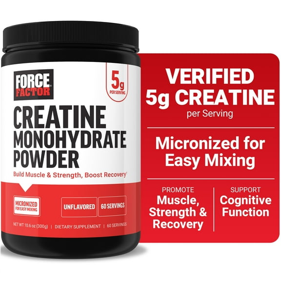 Creatine Monohydrate, Creatine Powder for Muscle Gain, More Strength, and Faster Workout Recovery, Clinically Studied Micronized Creatine 5g Dose Per Serving, Unflavored, 60 Servings by Force Factor