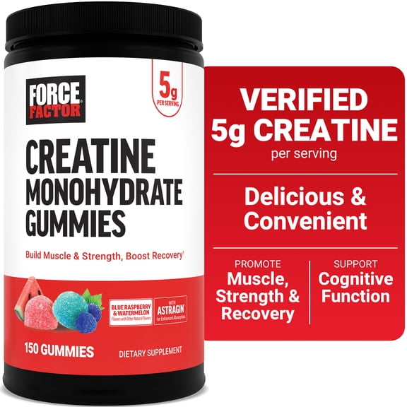 Force Factor Creatine Monohydrate Gummies, 5g Dose for Men & Women to Support Muscle, Strength, Recovery, Cognitive Health & Memory, Blue Raspberry Watermelon, 150 Gummies