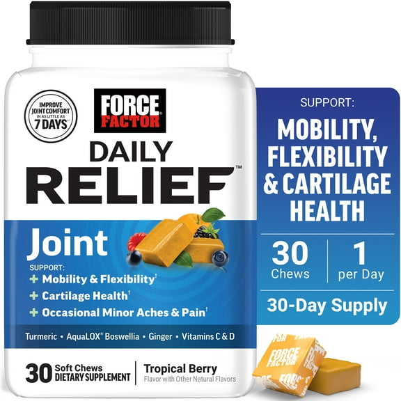 Force Factor Daily Relief Joint Support Supplement with Turmeric, Boswellia & Ginger for Mobility & Cartilage Health, Tropical Berry, 30 Soft Chews
