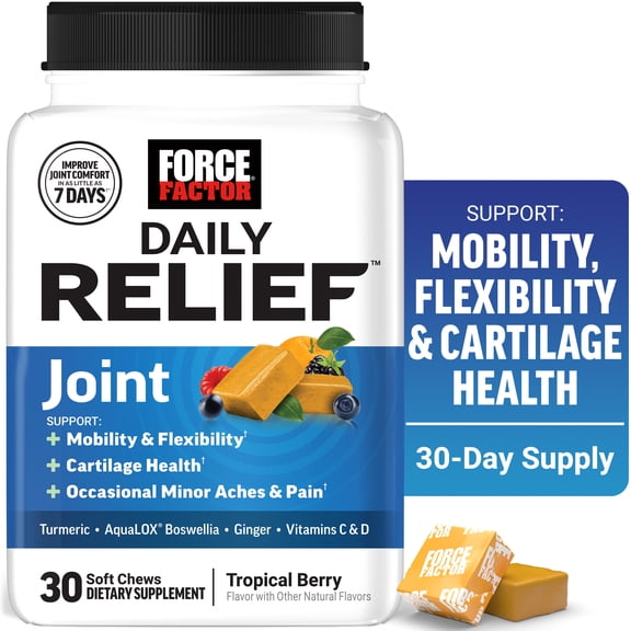 Force Factor Daily Relief Joint Support Soft Chews with Turmeric, Boswellia & Ginger for Mobility & Health, Tropical Berry, 30 Count