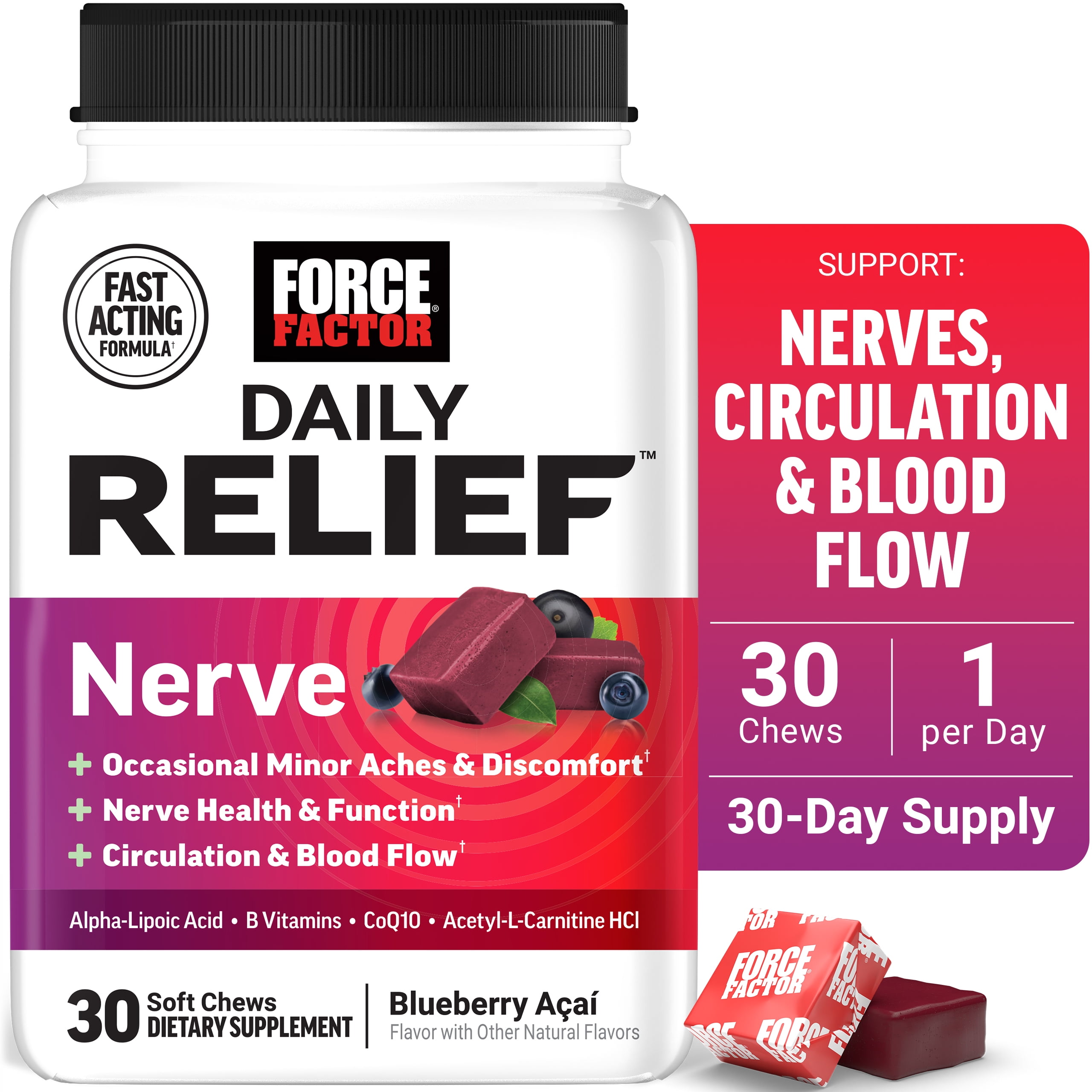 Force Factor Daily Relief Nerve Support, Alpha Lipoic Acid & B Vitamins for Nerve Comfort, Circulation & Blood Flow, Mixed Berry, 30 Soft Chews