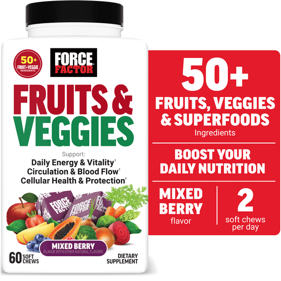Force Factor Fruits & Veggies Superfood Antioxidant Supplement, 50+ Ingredients, Mixed Berry, 60 Soft Chews