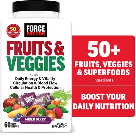 Force Factor Fruits & Veggies Superfood Antioxidant Supplement, 50+ Ingredients, Mixed Berry, 60 Soft Chews