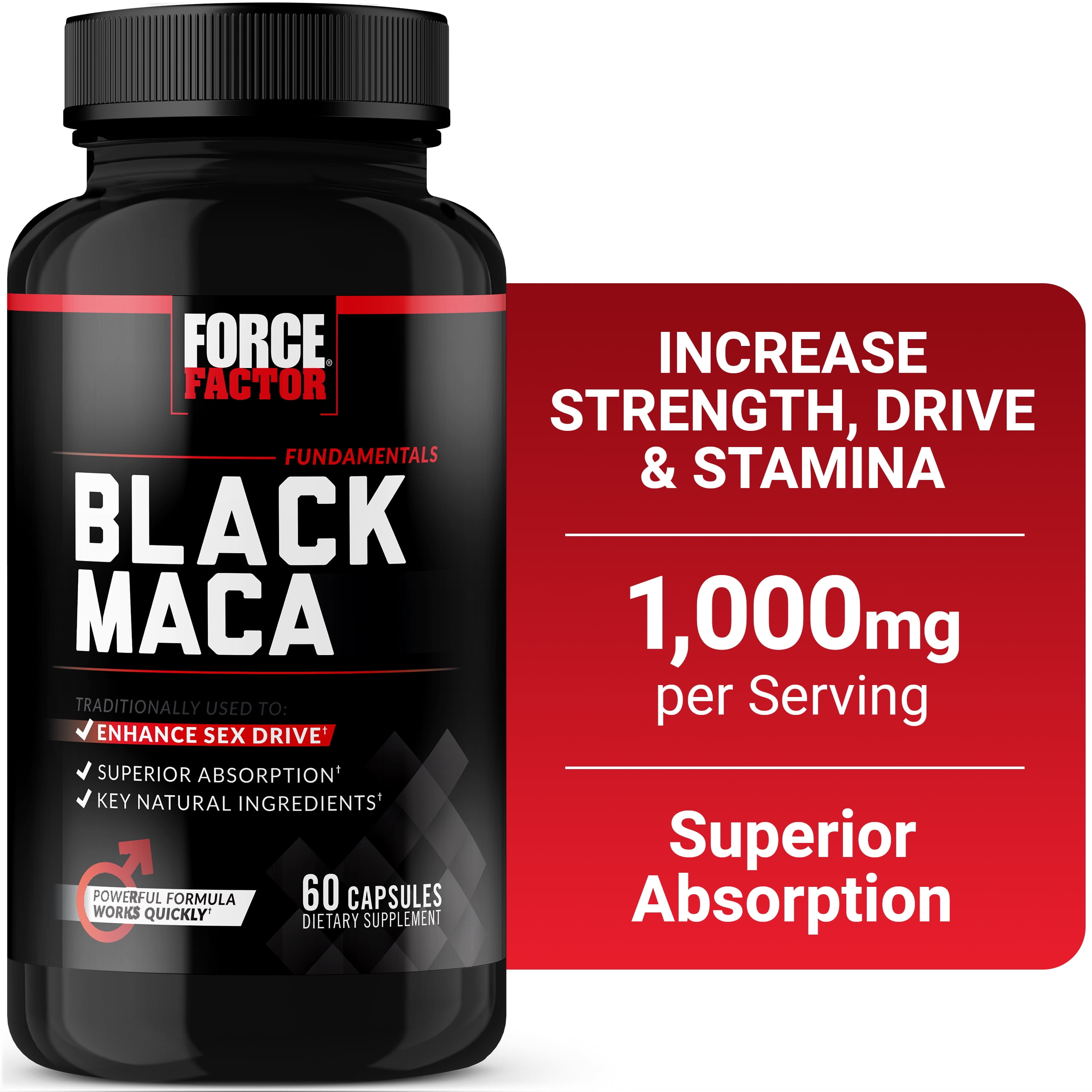 Force Factor Black Maca for Men & Women with 1000mg Black Maca Root Extract for Energy, Strength, Drive & Libido, Superior Absorption, 60 Capsules