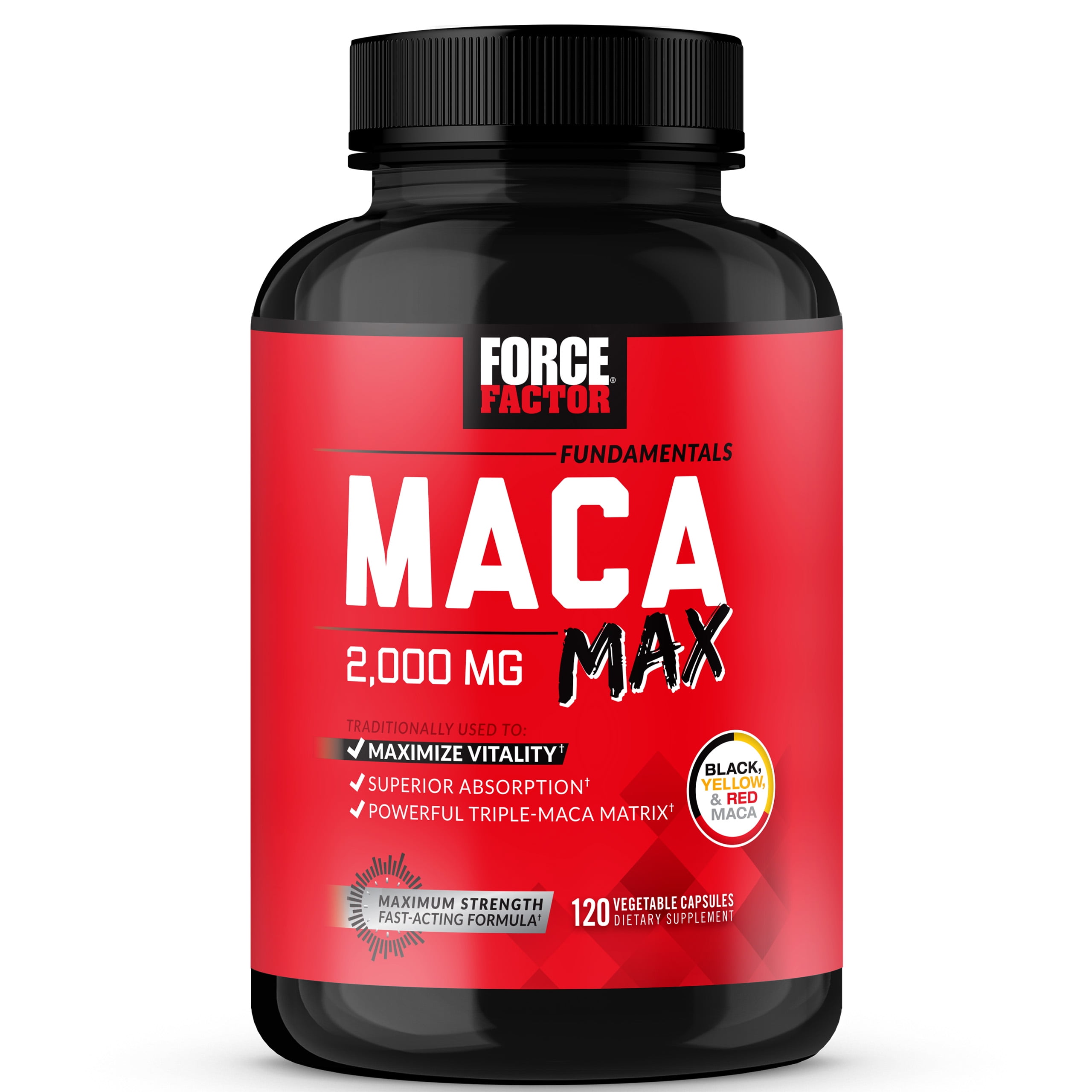 Maca Max, Maca Root Capsules to Maximize Vitality & Performance, Made with Black Maca, Red Maca, & Yellow Maca Powder, Maca Root Powder, 2000mg, 120 Capsules by Force Factor