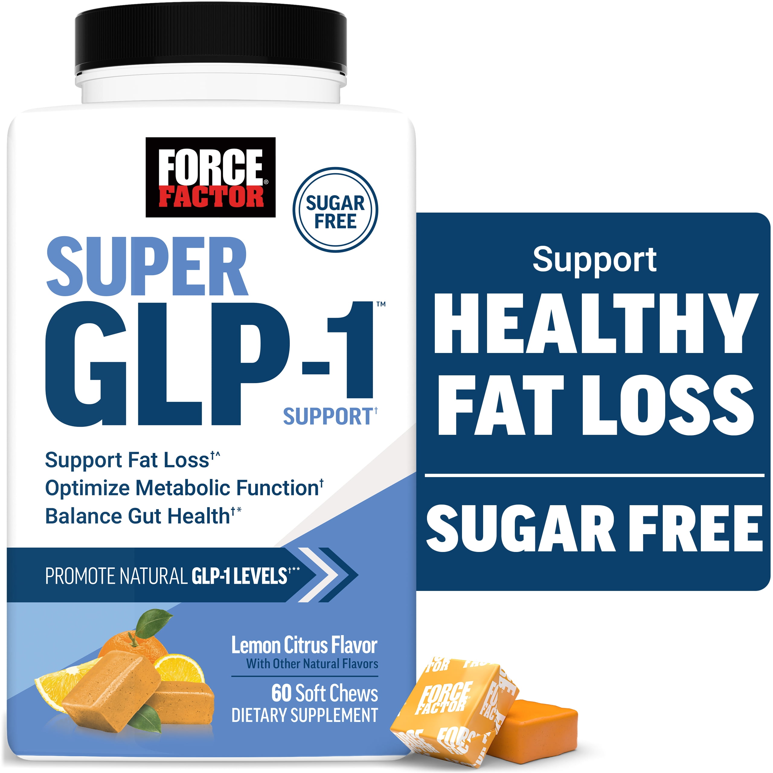 Force Factor Super GLP-1 Support Soft Chews, Promote Natural GLP-1 Production, Support Fat Loss, Metabolic Function & Healthy Body Composition, Sugar Free Lemon Citrus Flavor, 60 Soft Chews