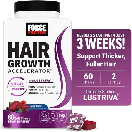 Force Factor Hair Growth Accelerator, Hair Growth Vitamins for Women & Men with Clinically Studied Lustriva & Biotin, Berry Blast, 60 Soft Chews