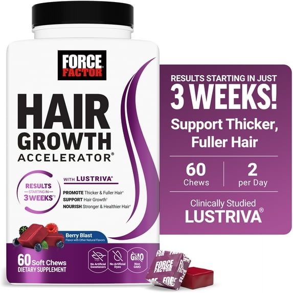 Force Factor Hair Growth Accelerator, Hair Growth Vitamins for Women & Men with Clinically Studied Lustriva & Biotin, Berry Blast, 60 Soft Chews