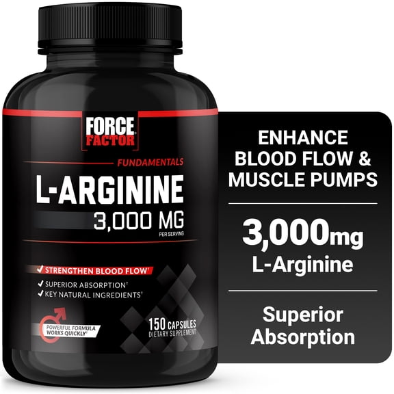 Force Factor L-Arginine 3000mg Nitric Oxide Booster for Men to Enhance Blood Flow, Circulation, Muscle Pumps & Workout Performance, 150 Capsules
