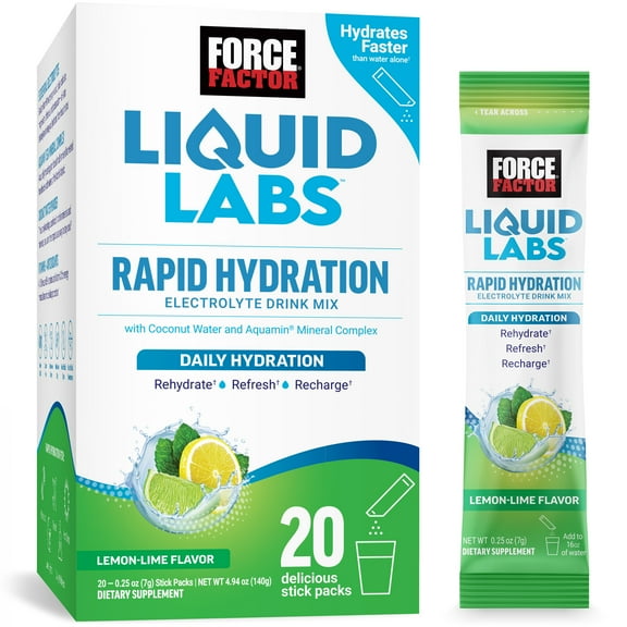 Force Factor Liquid Labs Electrolyte Powder, Hydration Powder with 5 Electrolytes, Vitamins, Minerals & Antioxidants, Lemon Lime, 20 Stick Packs