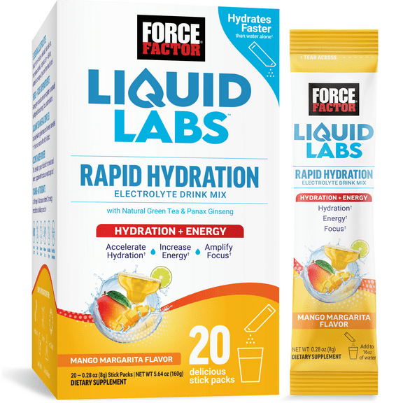 Force Factor Liquid Labs Energy Electrolyte Powder, Hydration Powder with 5 Electrolytes, Vitamins & Minerals, Mango Margarita, 20 Stick Packs