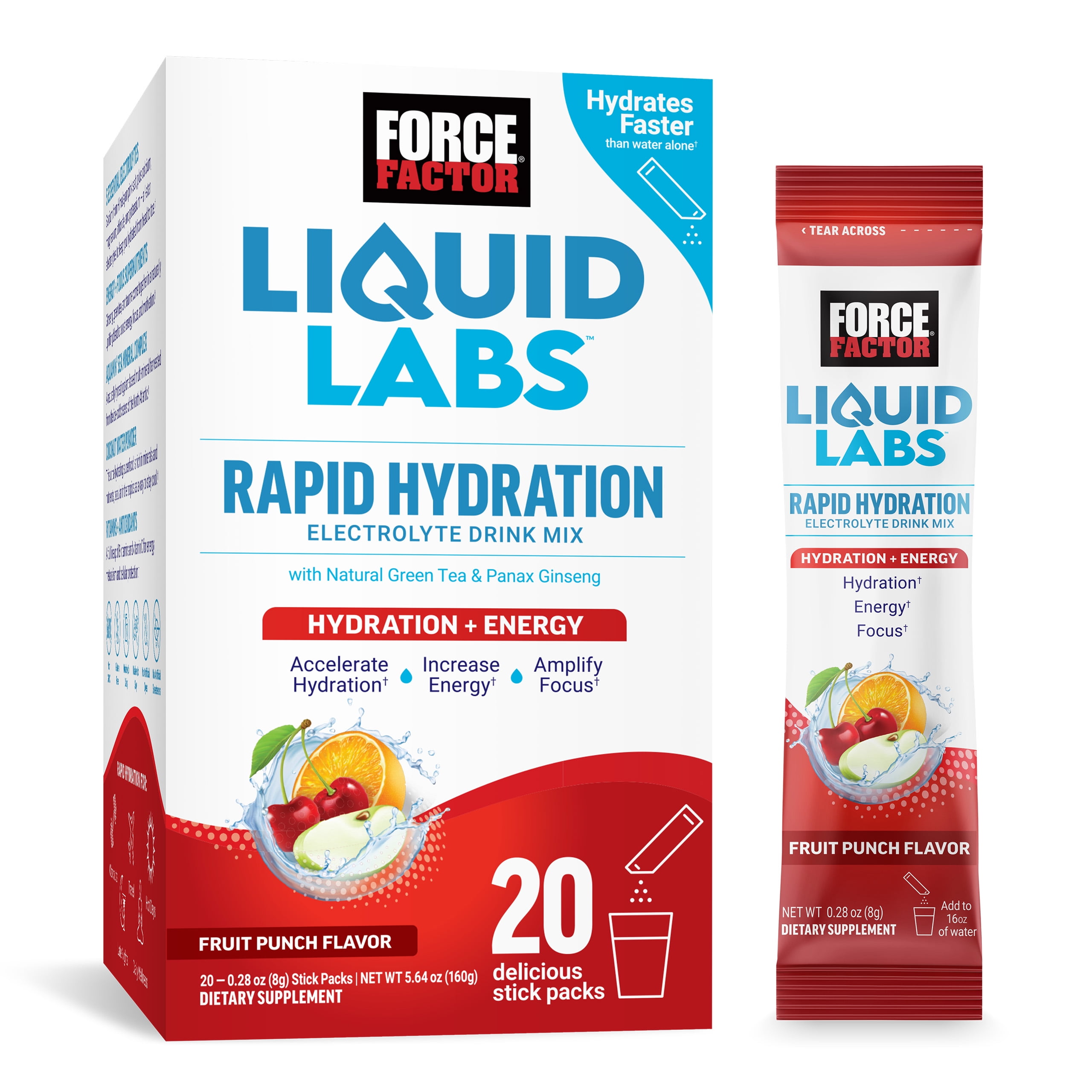 Force Factor Liquid Labs Energy, Electrolytes Powder, Hydration Packets, Fruit Punch, 20 Stick Packs