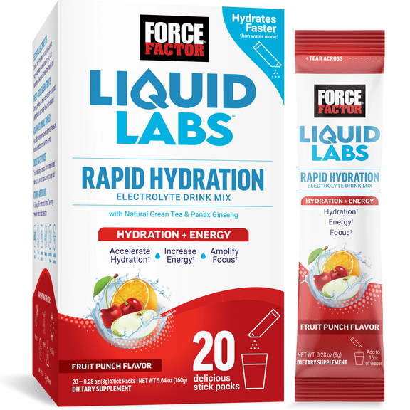 Force Factor Liquid Labs Energy Electrolyte Powder, Hydration Powder with 5 Essential Electrolytes, Vitamins & Minerals, Fruit Punch, 20 Stick Packs