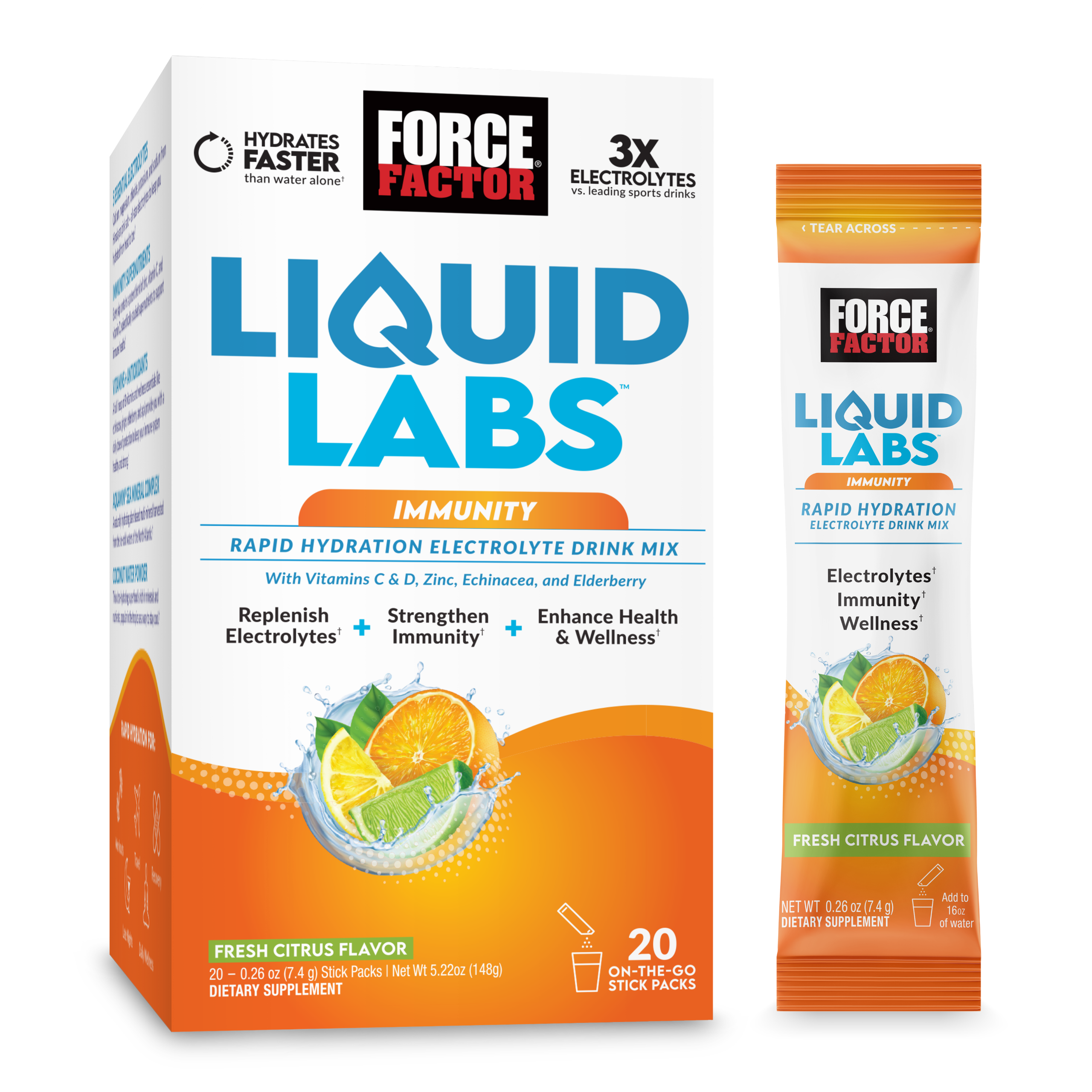 Force Factor Liquid Labs Immunity Electrolytes Powder, Hydration Drink Packets, Citrus, 20 Stick Packs, Size: 7.4 grams
