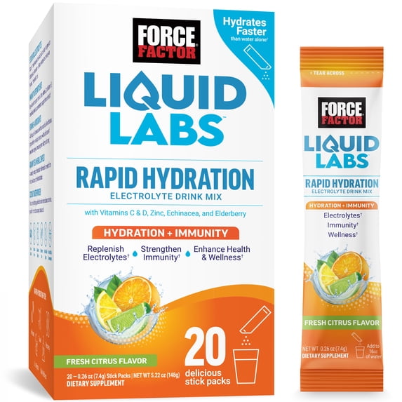 Force Factor Liquid Labs Immunity Electrolyte Powder, Hydration Powder with 5 Electrolytes, Vitamins, Minerals & Antioxidants, Citrus, 20 Stick Packs