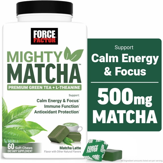 Force Factor Mighty Matcha, Premium Organic Matcha Green Tea with L-Theanine & B Vitamins to Support Calm Energy, Focus & Antioxidant Defenses, Matcha Latte, 60 Soft Chews