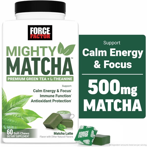 Force Factor Mighty Matcha, Premium Organic Matcha Green Tea with L-Theanine & B Vitamins to Support Calm Energy, Focus & Antioxidant Defenses, Matcha Latte, 60 Soft Chews