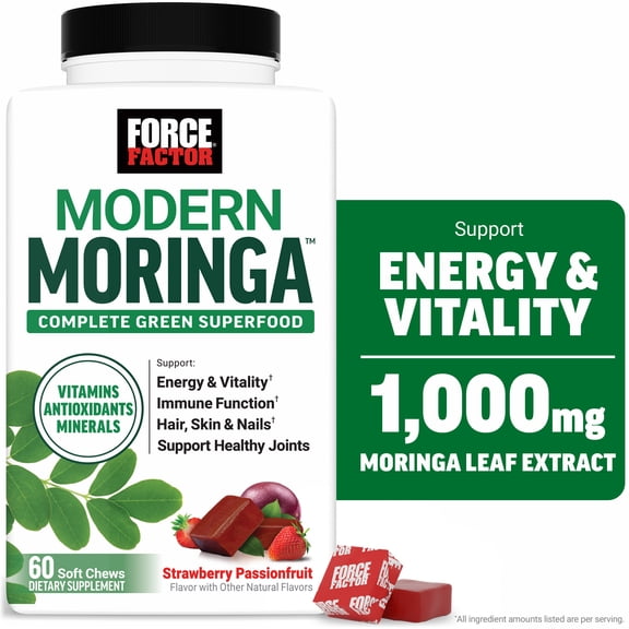 Force Factor Modern Moringa Soft Chews to Support Energy, Hair, Skin, Nails & Immune Health with Antioxidants, Minerals + B Vitamins & Vitamin D, Strawberry Passionfruit, 60 Soft Chews