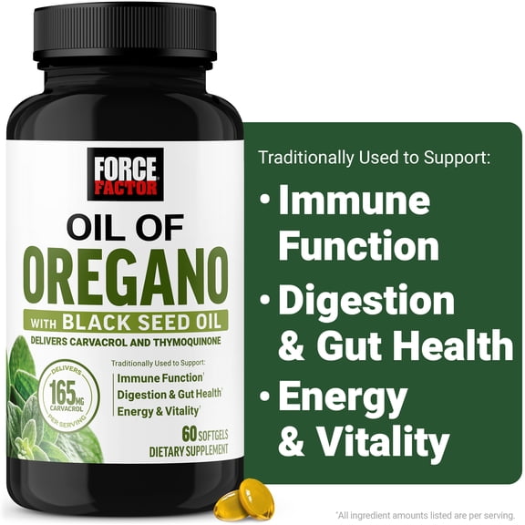 Force Factor Oil of Oregano with Black Seed Oil, Traditionally Used to Support Immune Function, Digestion & Gut Health, Energy & Vitality, Delivers Carvacrol & Thymoquinone, 60 Softgels