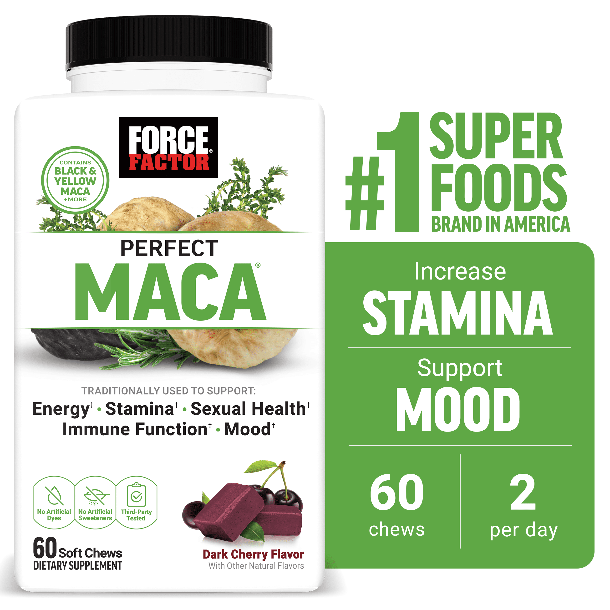 Force Factor Perfect Maca, Maca Root Supplement with Saffron, Dark Cherry Flavor, 60 Soft Chews