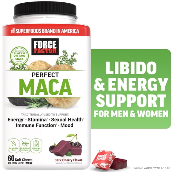 Force Factor Perfect Maca, Black & Yellow Maca Root Supplement with DIM & Saffron for Mood, Hormone, & Energy Support, Dark Cherry, 60 Soft Chews