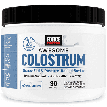 Force Factor Awesome Colostrum, Bovine Colostrum Powder Supplement for Gut Health, Immune Support & Recovery, Grass Fed, Unflavored, 30 Servings