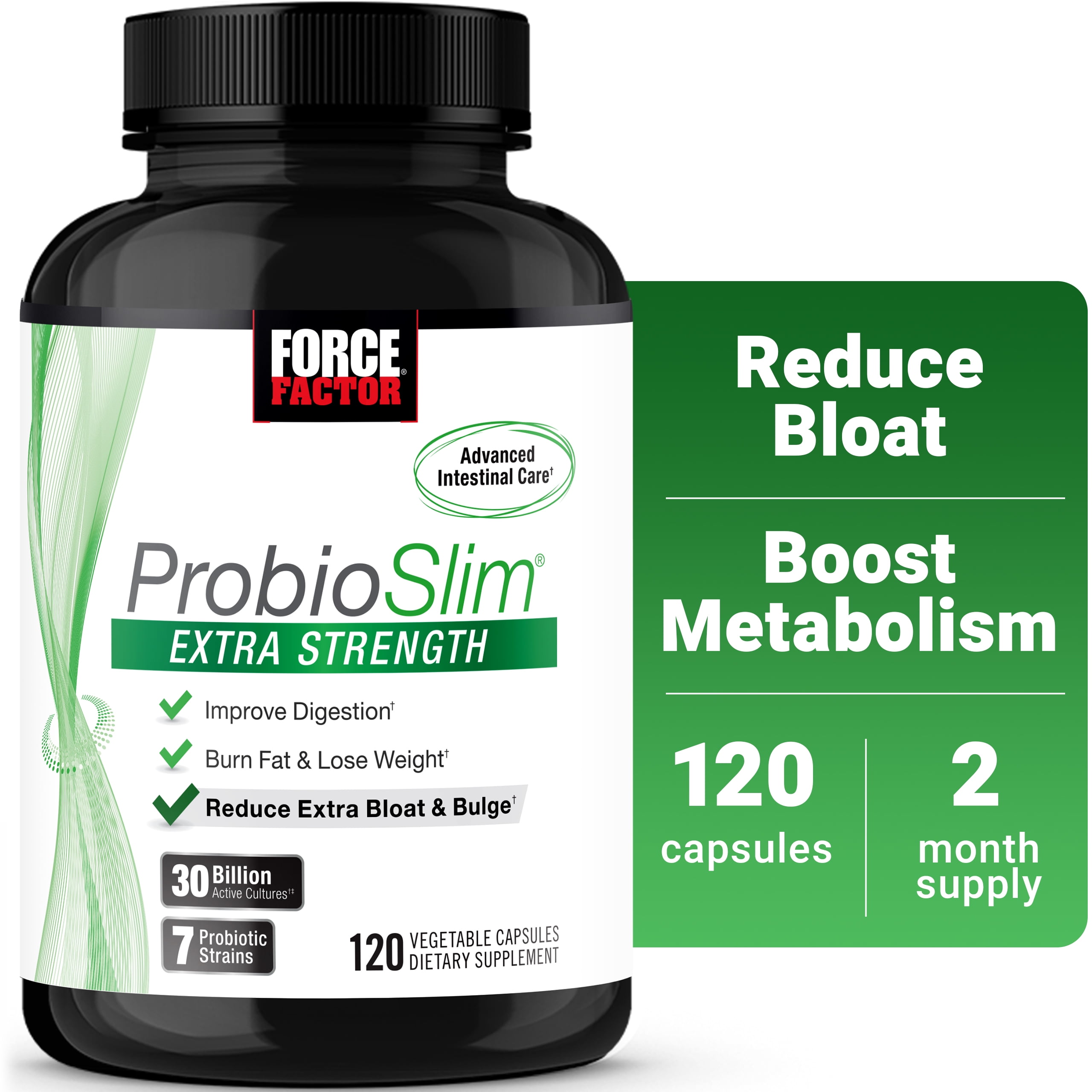 Force Factor ProbioSlim Extra Strength Probiotic Supplement with 30 Billion CFUs for Digestive Health, Bloating & Gas Relief, 120 Capsules