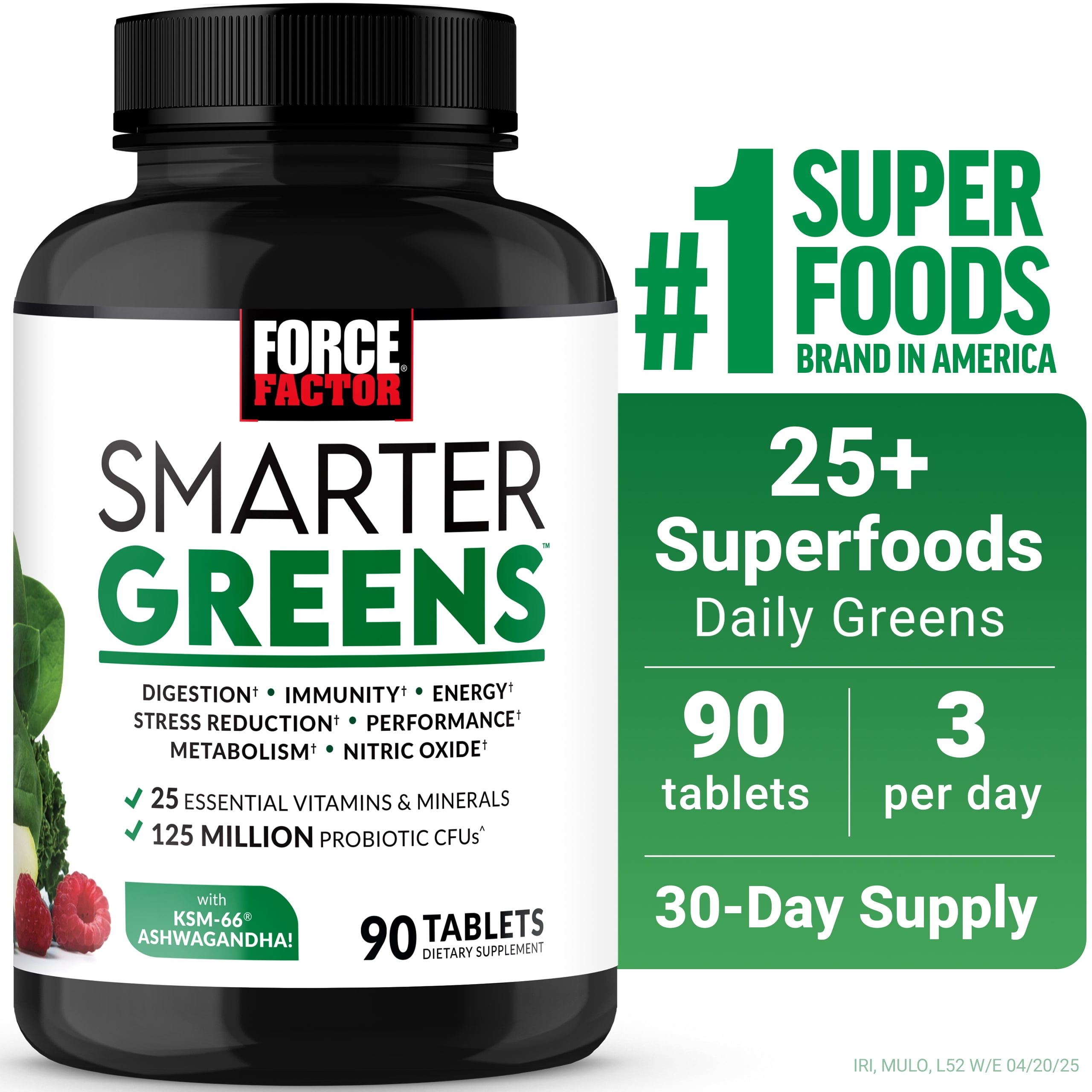Force Factor Smarter Greens Supplement with Probiotics, KSM-66 Ashwagandha & Antioxidants for Digestion, Gut Health, Bloating & Energy, 90 Tablets