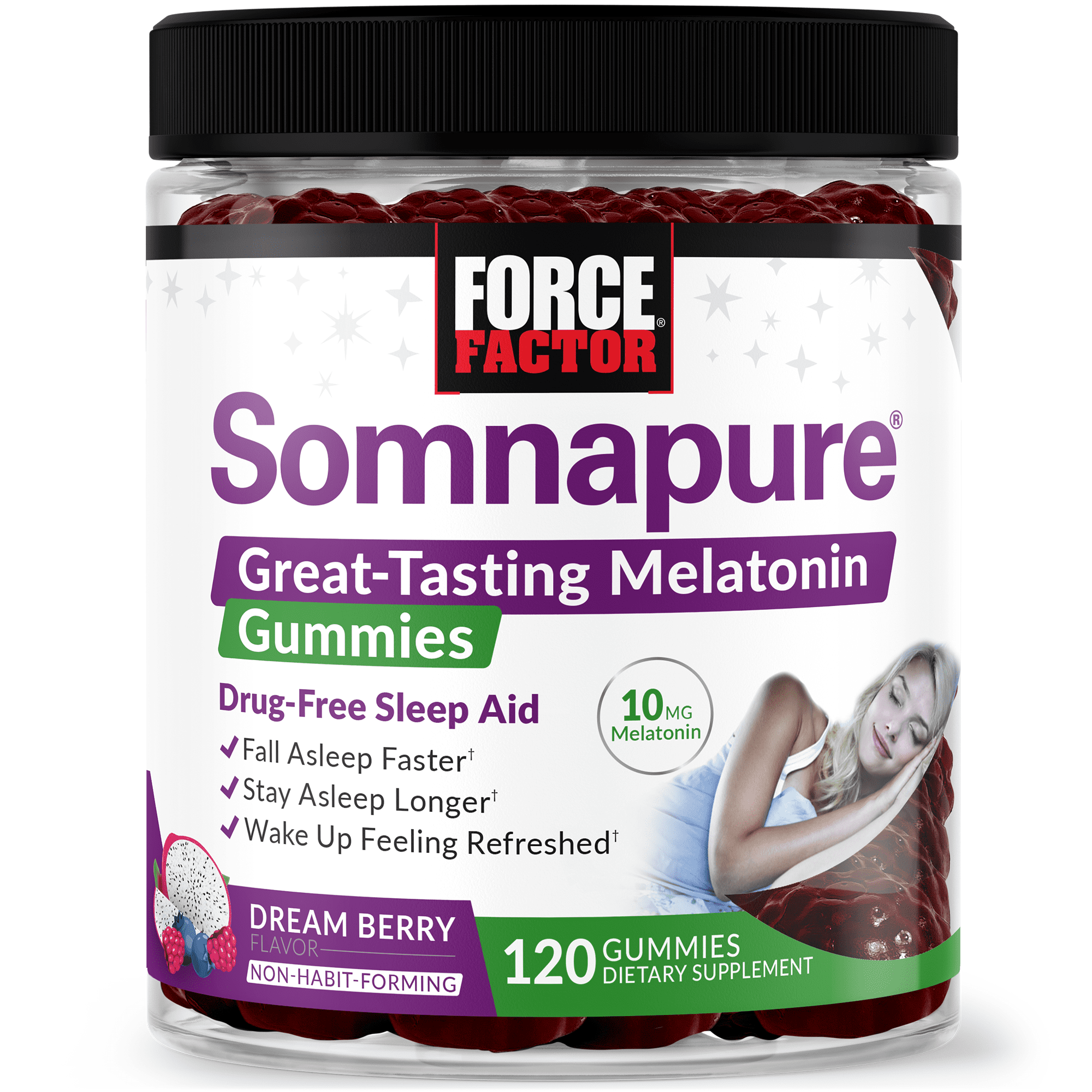 Force Factor Somnapure Gummies, 10mg Melatonin Sleep Aid for Adults Extra Strength, Non-Habit-Forming Sleep Support, Dream Berry, 120 Gummies
