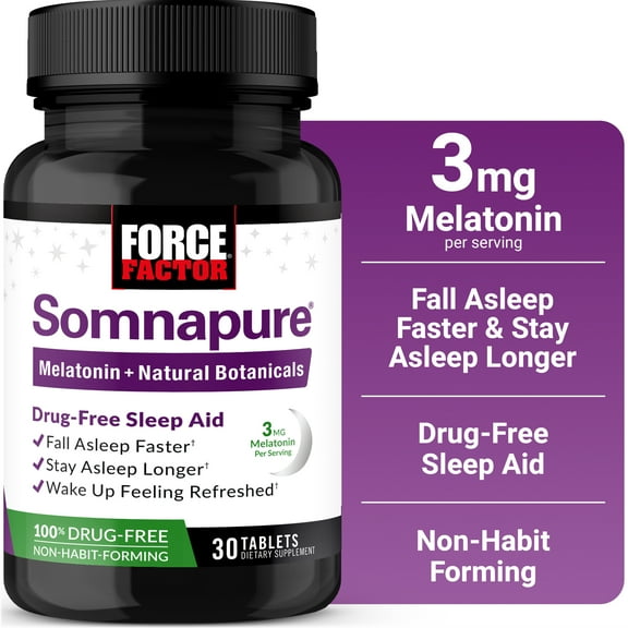 Force Factor Somnapure Sleep Aid for Adults with 3mg Melatonin, Valerian & L Theanine for Sleep Support, Non-Habit-Forming Sleeping Pills, 30 Tablets