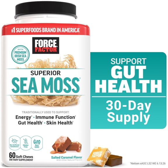 Force Factor Superior Sea Moss, Irish Sea Moss for Energy, Immune Function, Gut & Skin Health, Gluten Free, Non-GMO, Salted Caramel, 60 Soft Chews
