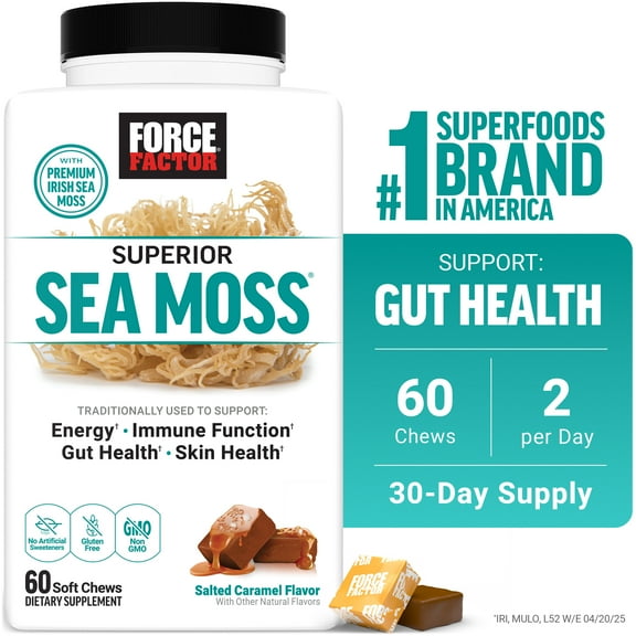 Force Factor Superior Sea Moss, Irish Sea Moss for Energy, Immune Function, Gut & Skin Health, Gluten Free, Non-GMO, Salted Caramel, 60 Soft Chews