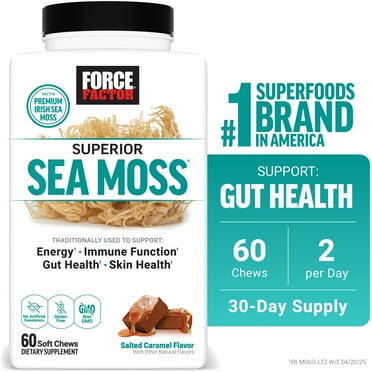 Force Factor Superior Sea Moss, Irish Sea Moss for Energy, Immune Function, Gut & Skin Health, Gluten Free, Non-GMO, Salted Caramel, 60 Soft Chews