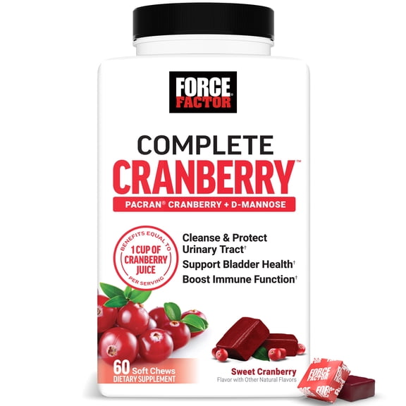 Force Factor Cranberry Soft Chews, Cranberry Supplement with D Mannose and Cranberry Extract to Support Bladder and Urinary Tract Health for Women, Vegan, Sweet Cranberry Flavor, 60 Soft Chews