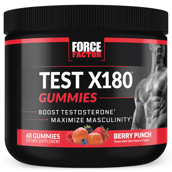 Force Factor Test X180 Gummies Testosterone Booster for Men with Tongkat Ali, Horny Goat Weed, Tribulus Terrestris, Fenugreek, and Black Maca, Testosterone Supplement for Men, Berry Punch, 60 Gummies
