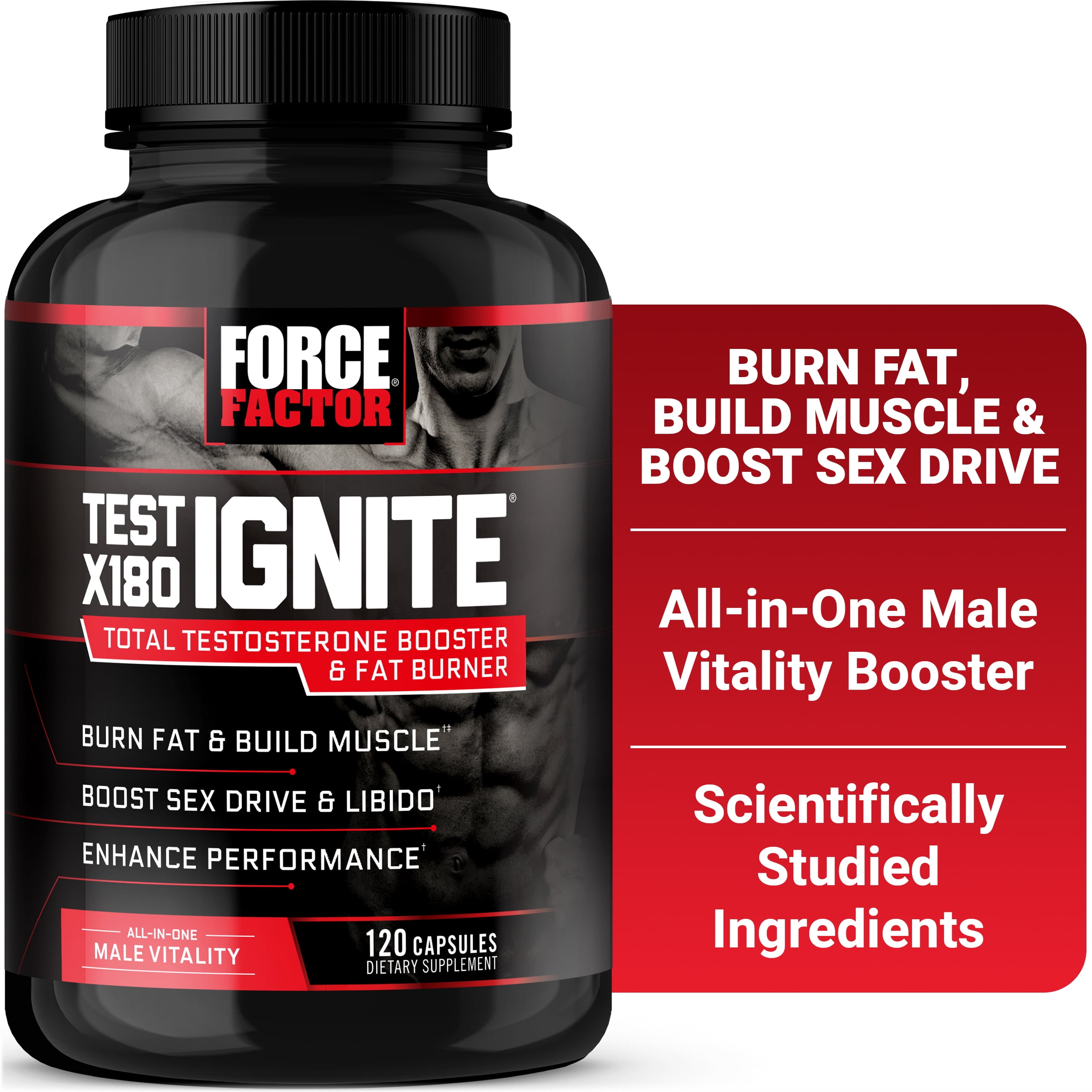 Force Factor Test X180 Ignite, Testosterone Booster for Men with Fenugreek, Horny Goat Weed to Burn Fat, Build Muscle & Boost Libido, 120 Capsules