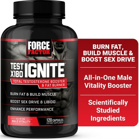 Force Factor Test X180 Ignite, Testosterone Booster for Men with Fenugreek, Horny Goat Weed to Burn Fat, Build Muscle & Boost Libido, 120 Capsules