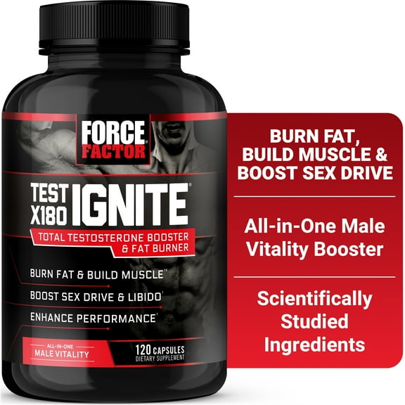 Force Factor Test X180 Ignite, Testosterone Booster for Men with Fenugreek, Horny Goat Weed to Burn Fat, Build Muscle & Boost Libido, 120 Capsules